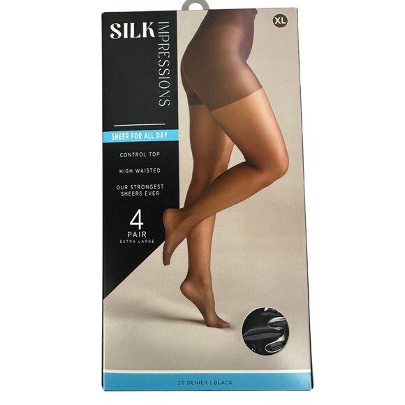 Silk Impressions Sheer Control Top Black Pantyhose XL High Waisted 4-Pair - Picture 1 of 11